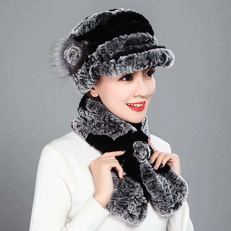 Модная женская меховая шапка, Зимний натуральный настоящий мех кролика, шапка, шарф, набор, высокое качество, для женщин, натуральный мех