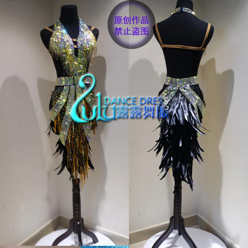 

latin dance dress women girls The latest style Sexy Latin dance apparel Latin dance dress Black feather latin dance dress