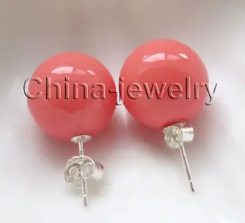 

E6192-14mm natural pink coral color perfect round south sea shell pearl earring-