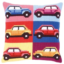 

Six Cars DIY Needlework Kit Unfinished Acrylic Yarn Embroidery Pillow Tapestry Canvas Cushion Front Cross Stitch Pillowcase