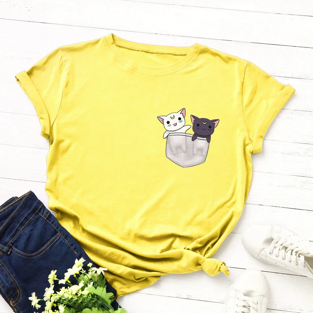 SINGRAIN/женская футболка с милым рисунком котенка из мультфильма, модные топы с карманом и котом из хлопка, большие размеры, футболка с принтом животных kawaii, Новинка