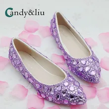Purple Crystal Wedding Shoes Pointed Toe Shallow Boat Women Flats for Party Banquet Pregnant Bridesmaid Bridal Performance
