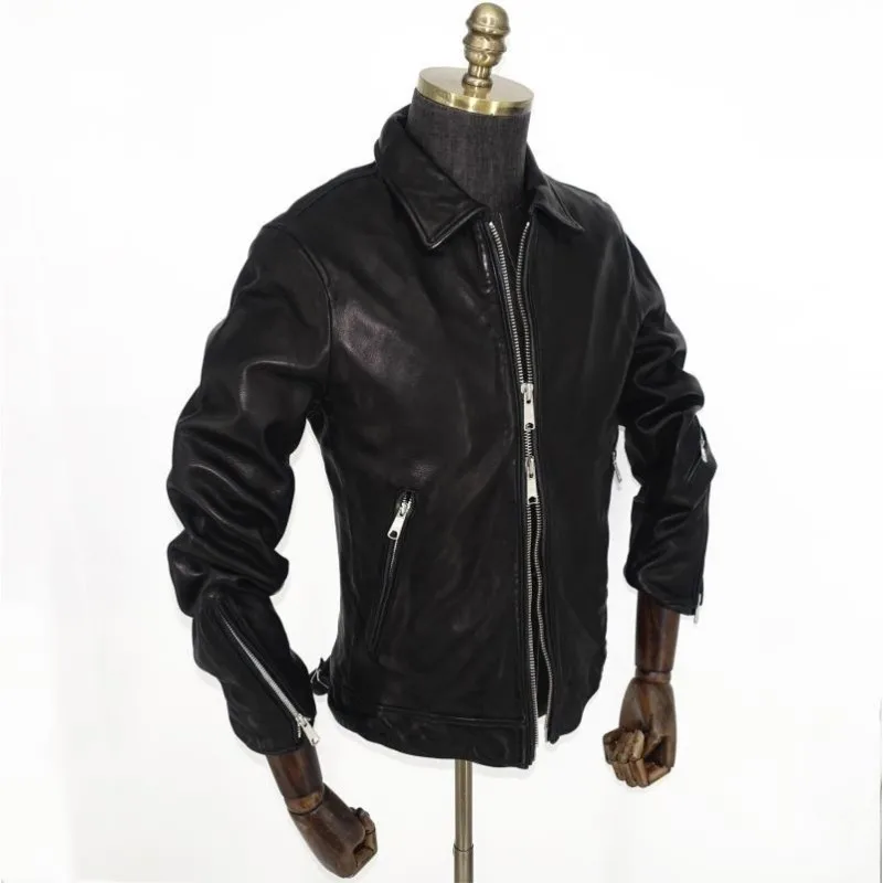 Высококачественная Мужская куртка из натуральной овчины на молнии с хлопковой подкладкой, теплая мотоциклетная куртка, мужская приталенная куртка из натуральной кожи