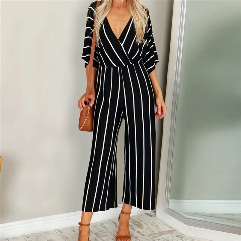 Fashion Women Autumn Jumpsuit Holiday Sexy V-Neck Three Quarter Sleeve Striped Loose Wide Leg Jumpsuit Playsuit Combinai F#S04 (2)