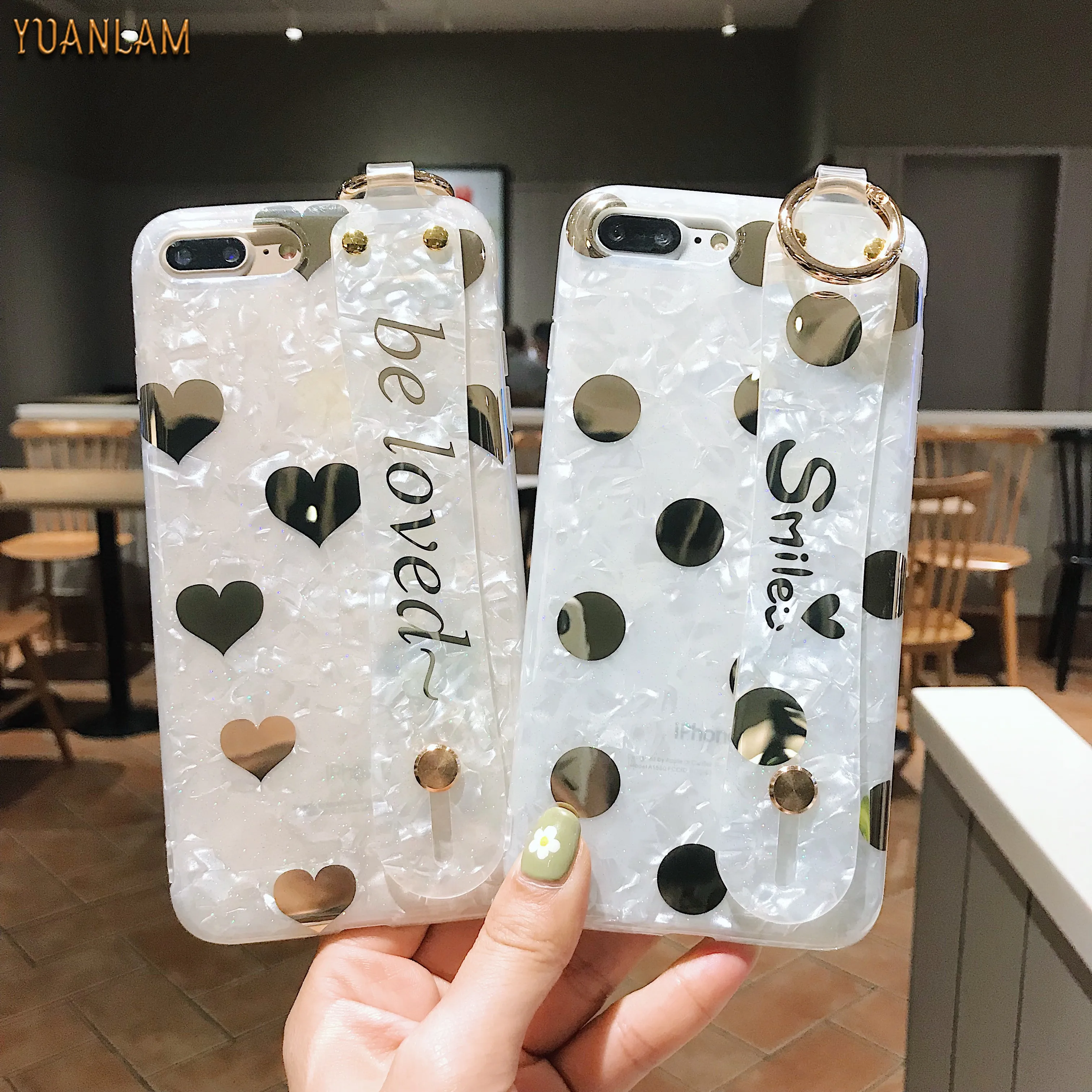 

Wrist Strap Shell pattern phone Case For iphone 7 8 6 6s plus Case For iphone X Xs max XR Hot stamping Love heart wave imd cover