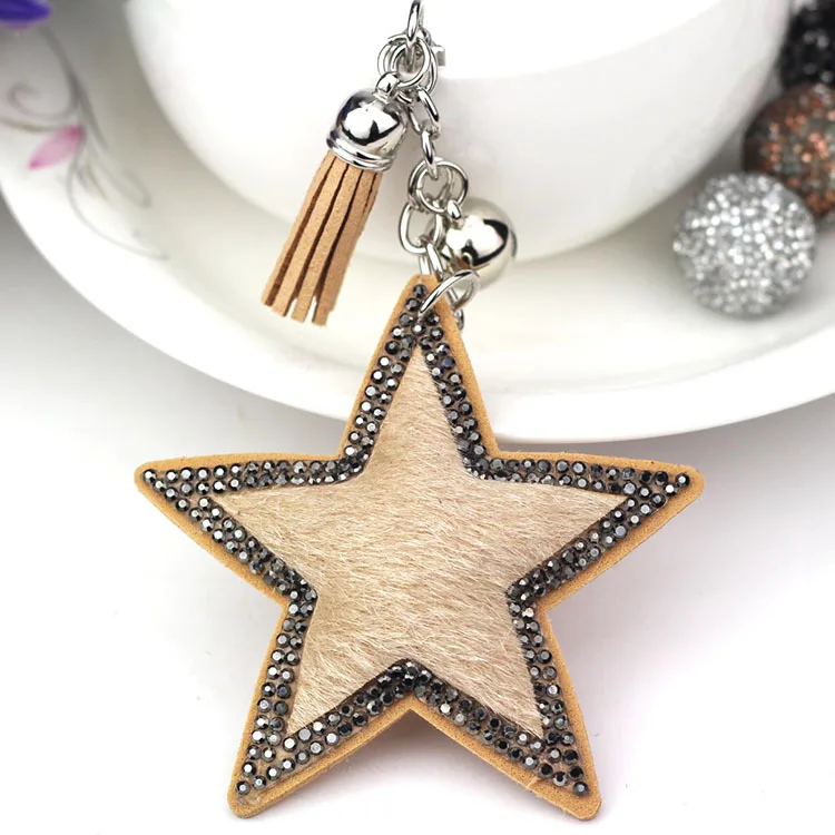 

Cute Statement Brand Cat Heart Star Tassels Horse Hair Bag Bugs Car Ornaments Leather Tassels Bag Charm Crystal Key Chain