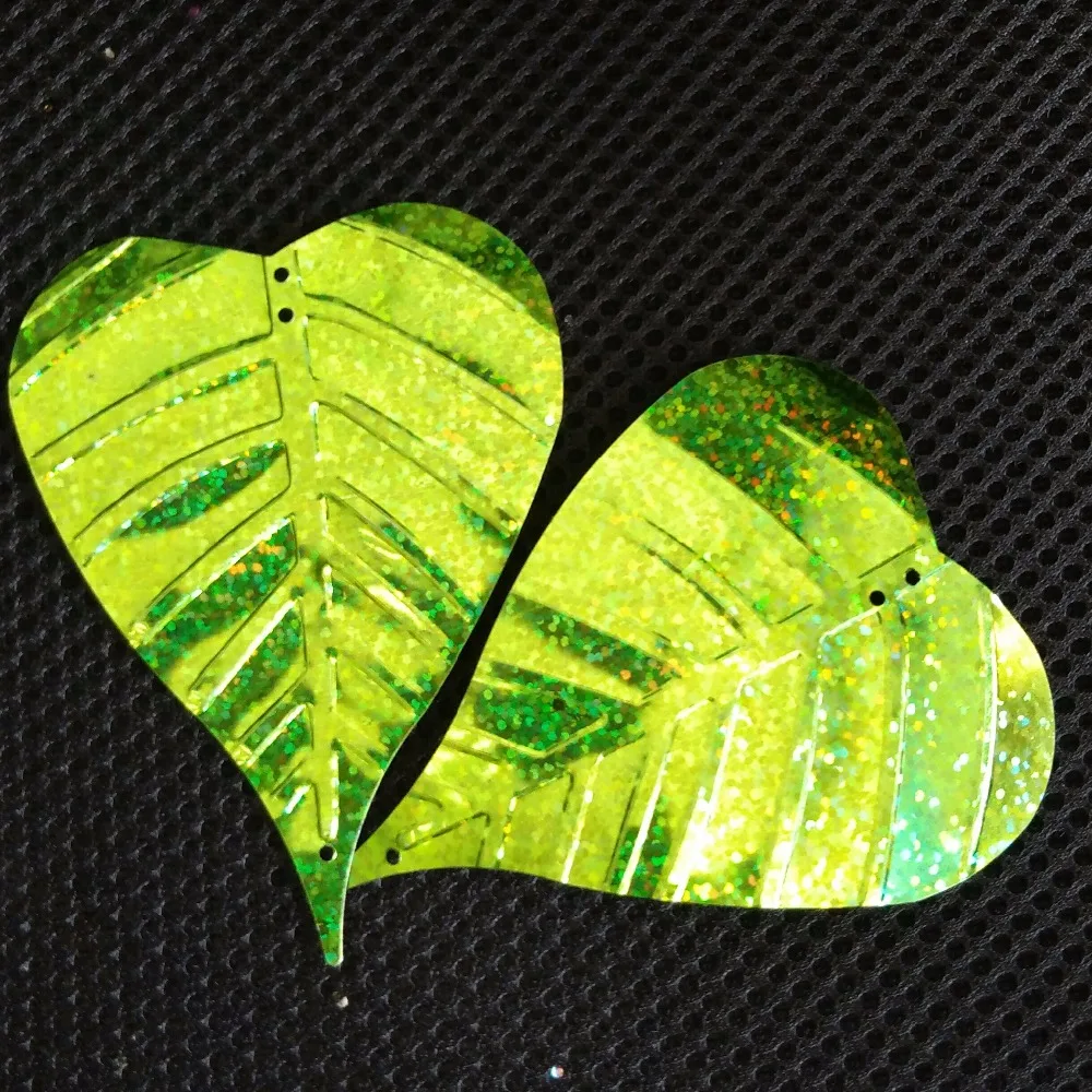 

wholesale 70x90mm heart Leaf sequins for craft and decoration, hologram lime green