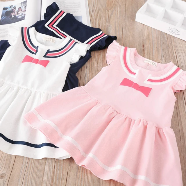Baby Girl Dress 2018 Fashion Navy Style Baby Clothes Fly Sleeve