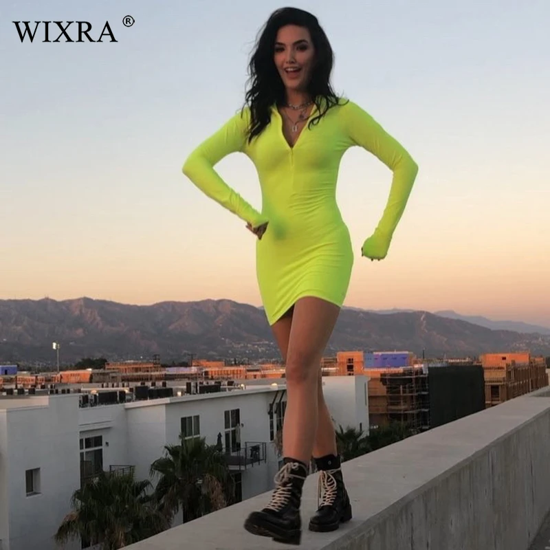 

Wixra 2019 New Hot Summer Trendy Slim Zippers Long Sleeve Short Dress Bright Color Mini Dresses For Female