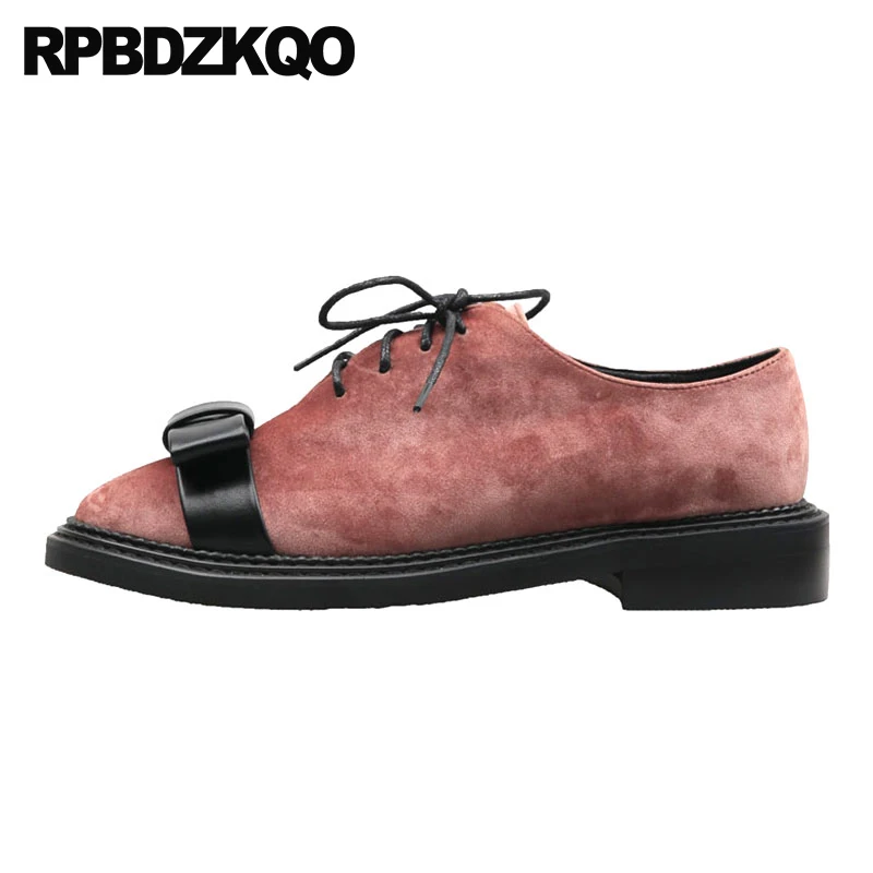

pink round toe leisure suede genuine leather chinese ladies winter bow lace up fur women flats shoes with little cute bowtie