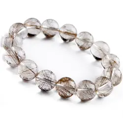 15 мм натуральный Серебряный рутиловый кварц драгоценный камень кристалл большой круглый растягивающиеся браслеты с бусинами для женщин и