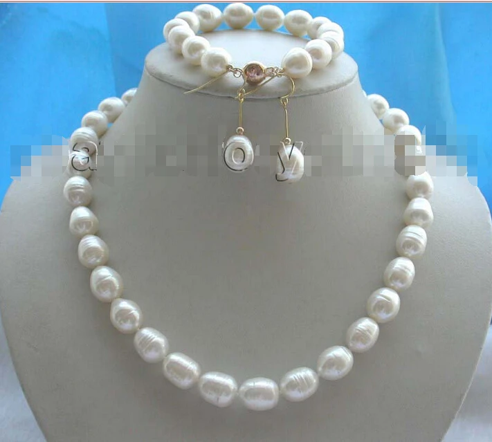 

Natural 14mm Rice Pearl Necklace Bracelet Earrings set! (A0516)