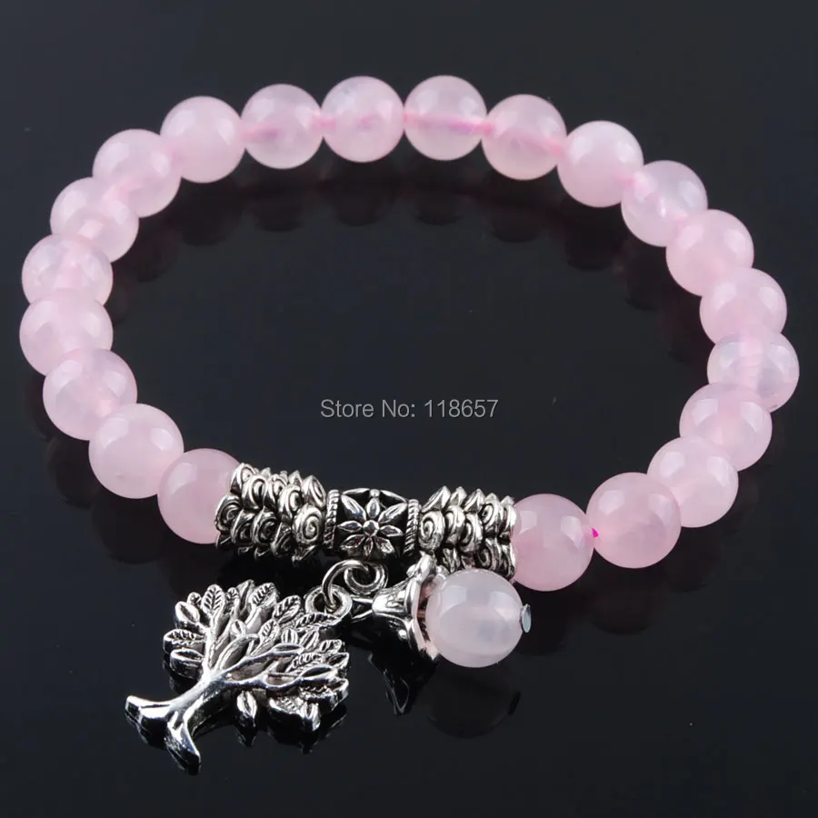 

YOWOST Natural Rose Quartzs Gem Stone Bracelet Mala Beads Tree Of Life Charms Meditation Ethnic For Women Jewelry IK3219