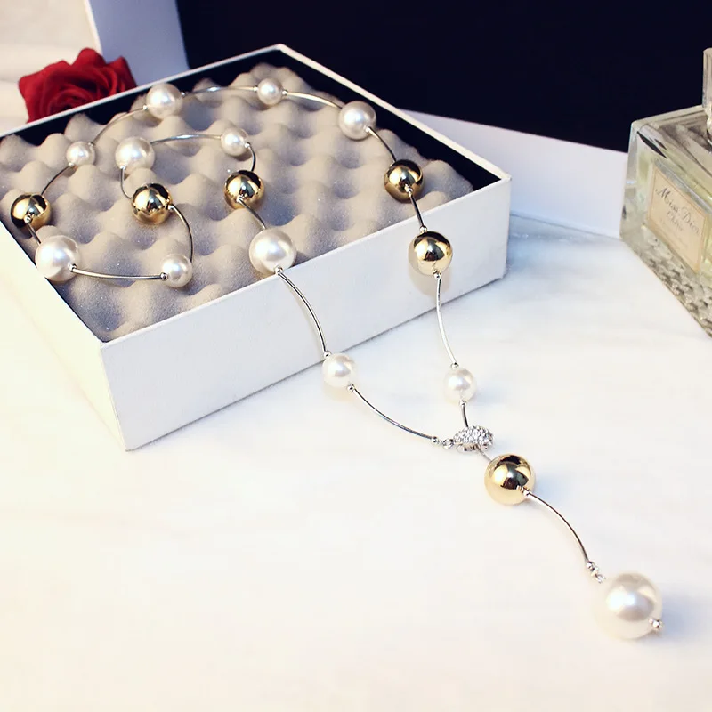 

Brand New 2019 Long Pearl Sweater Chain Necklace Spring Dress Jewelry Accessories White Grey Women Jewelry For Wife Mom Gift