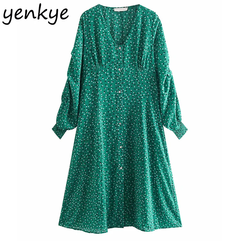 

Summer Dress 2019 Women Puff Sleeve Green Floral Print Dress Lady Front Button V Neck High Waist Midi A-line Chiffon Dress