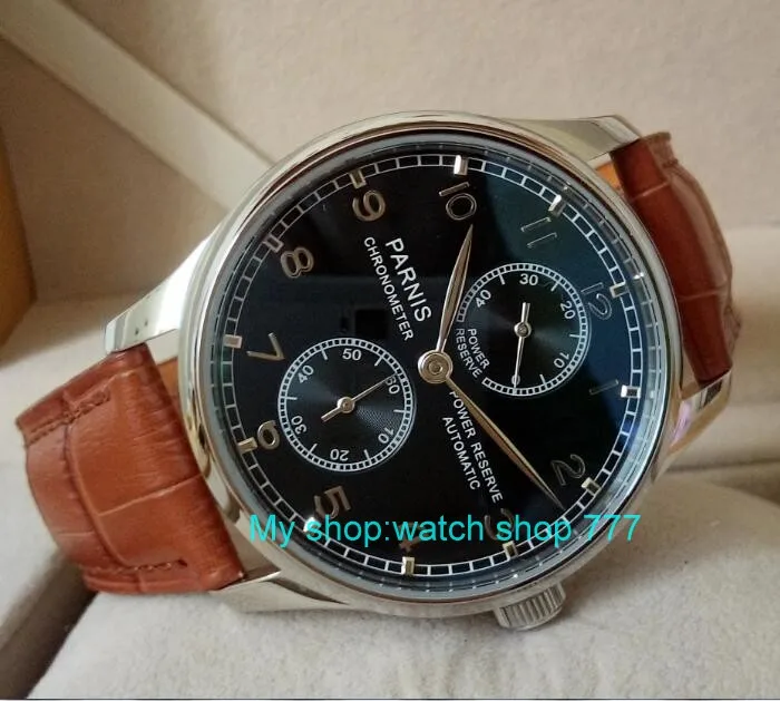 

43mm PARNIS black dial brown Leather Watch Strap Automatic Self-Wind mechanical watches Power Reserve Men's Watch 88