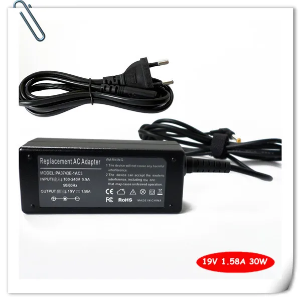 

Battery Charger AC Adapter For Toshiba PA3743E-1AC3 NB201 NB203 NB205 NB301 NB303 UX/25JBL 19V 1.58A 30W Power Supply Cord