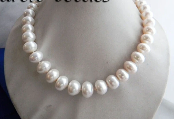 

>>> >>>AA 18'' 12mm-15mm -12mm White Flat Round Freshwater Pearl Tower Silver Necklace