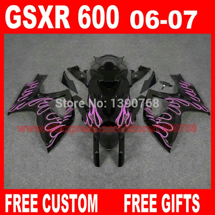 

Fairing body kits for SUZUKI K6 K7 GSXR 600 750 2006 2007 pu32le flames in black fairings set body kit GSXR750 06 07 HV45