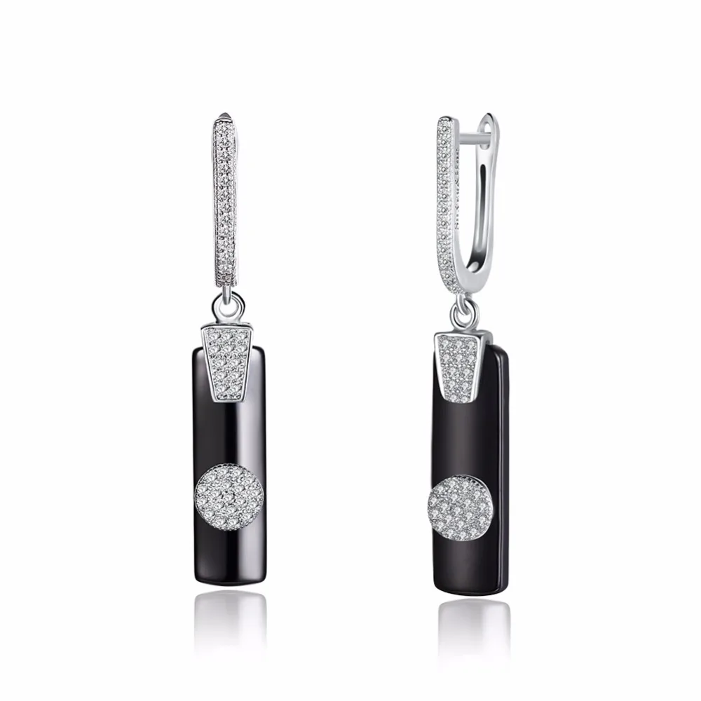 

Handmade Exquisite Unique Geometric Design Pave Zircon And Black Ceramic 925 Sterling Silver Stick Drop Earrings for Women