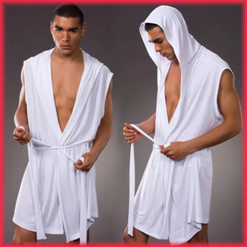 Мужские халаты удобные повседневные халаты без рукавов вискоза сексуальный с капюшоном домашний халат Мужская сексуальная пижама одежда для отдыха - Цвет: Белый