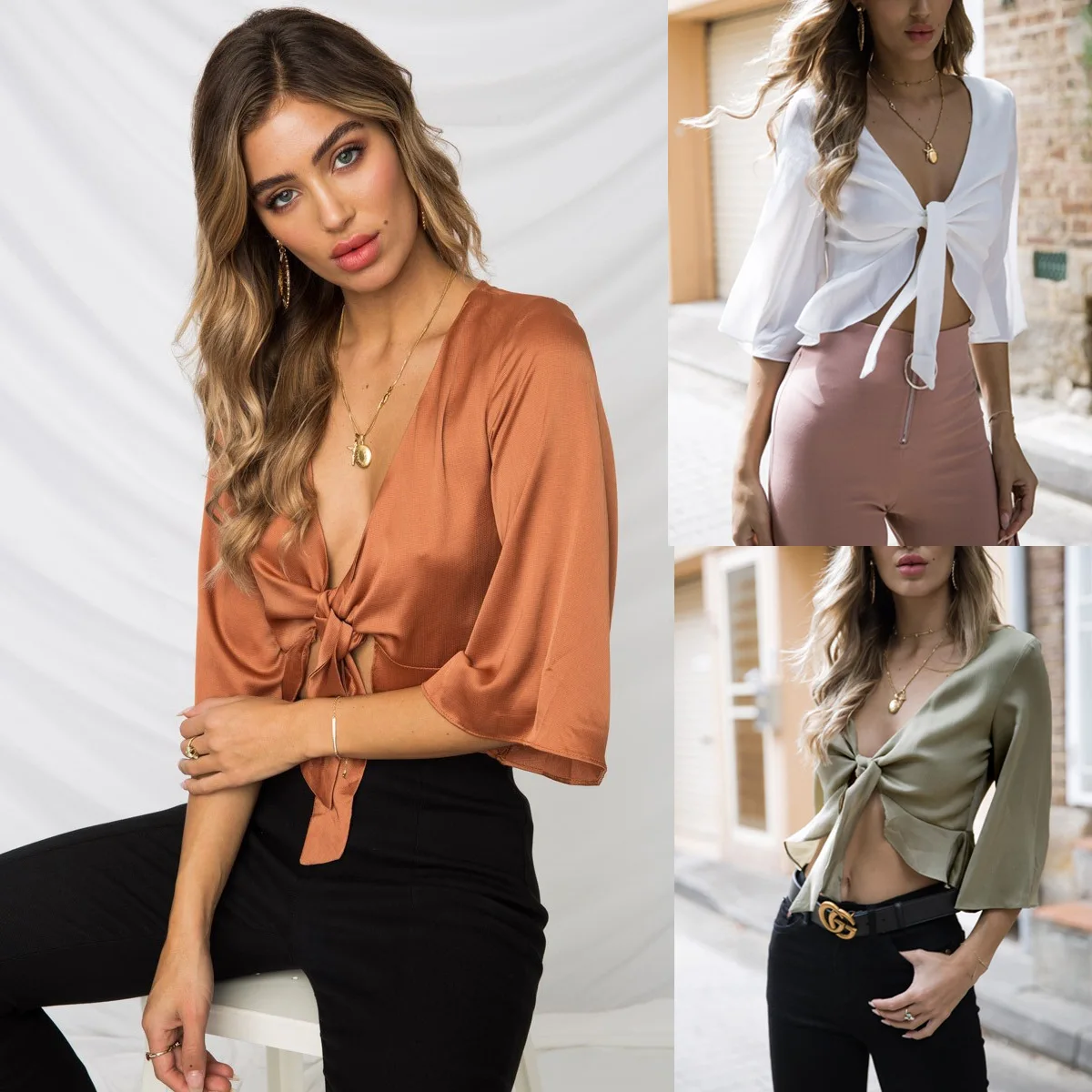 

Women Sexy V Neck Blouse Summer Elegant Silk Crop Tops Half Flared Sleeves Ruffles Bowknot Shirt Female Vacation Club Stain Tops