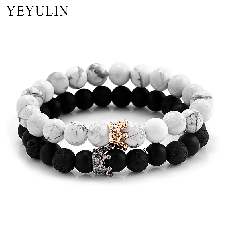 Trendy Black White Stone Beads with Gold Color Silver Color Alloy Crown Bracelet For Women Men Couple Bangles Jewelry