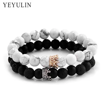 Trendy Black White Stone Beads with Gold Silver Color Alloy Crown Bracelet For Women Men Couple