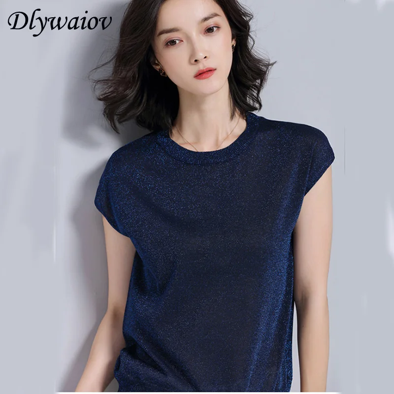 

Lurex knitted Pullover Women 2019 Fashion Short Sleeve Shirt Casual Loose Tshirt Breathable Bat Sleeve Female Tops Summer New