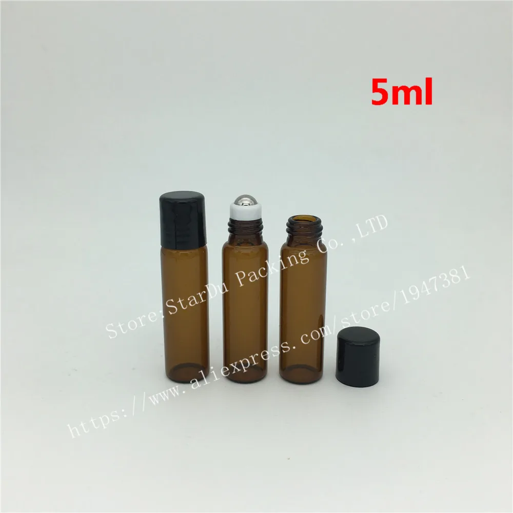 Продажа 50 шт. 5 мл amber rollon ролик бутылок для эфирные масла roll на многоразового флакон духов дезодорант контейнеров с черной крышкой