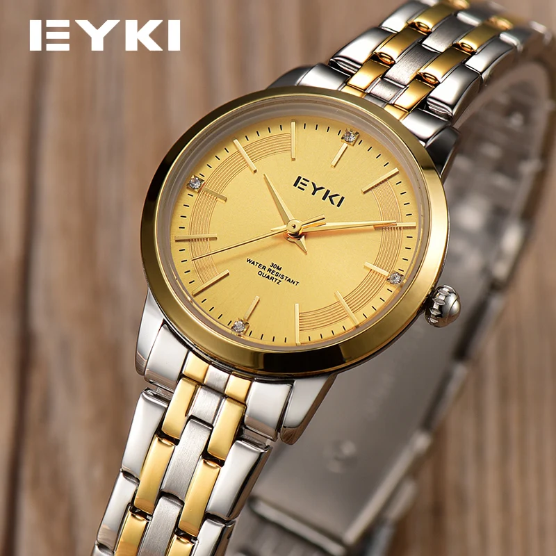 Brand EYKI Women Business Watches Full Metal Steel Strap Golden Waterproof Luxury Fashion Ladies Watches