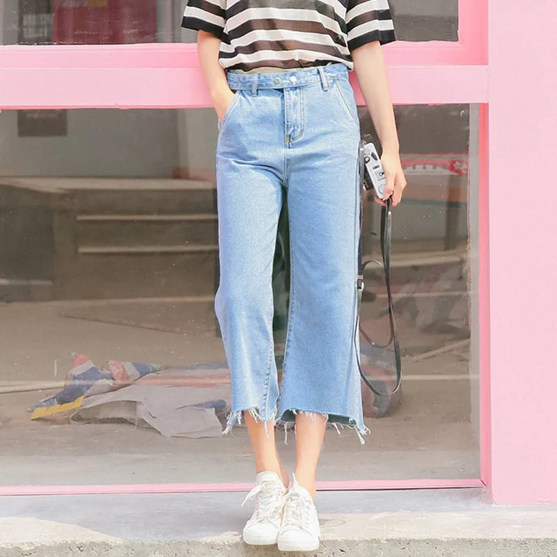 2018 New Women Denim Jeans High Waist Vintage Calf Length Jeans Wide