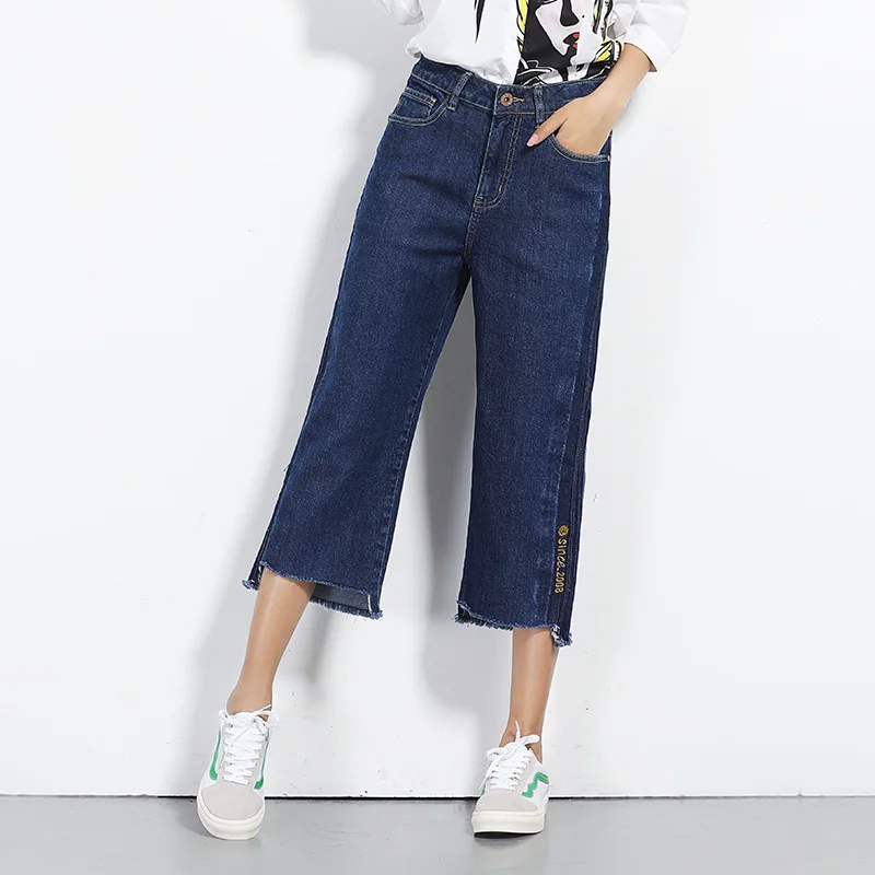 

2019 LEIJIJEANS Spring Plus Size Embroidery Side Stripe Shadow Irregular Cuff High Waist Calf Length Loose Wide Leg Women Jeans