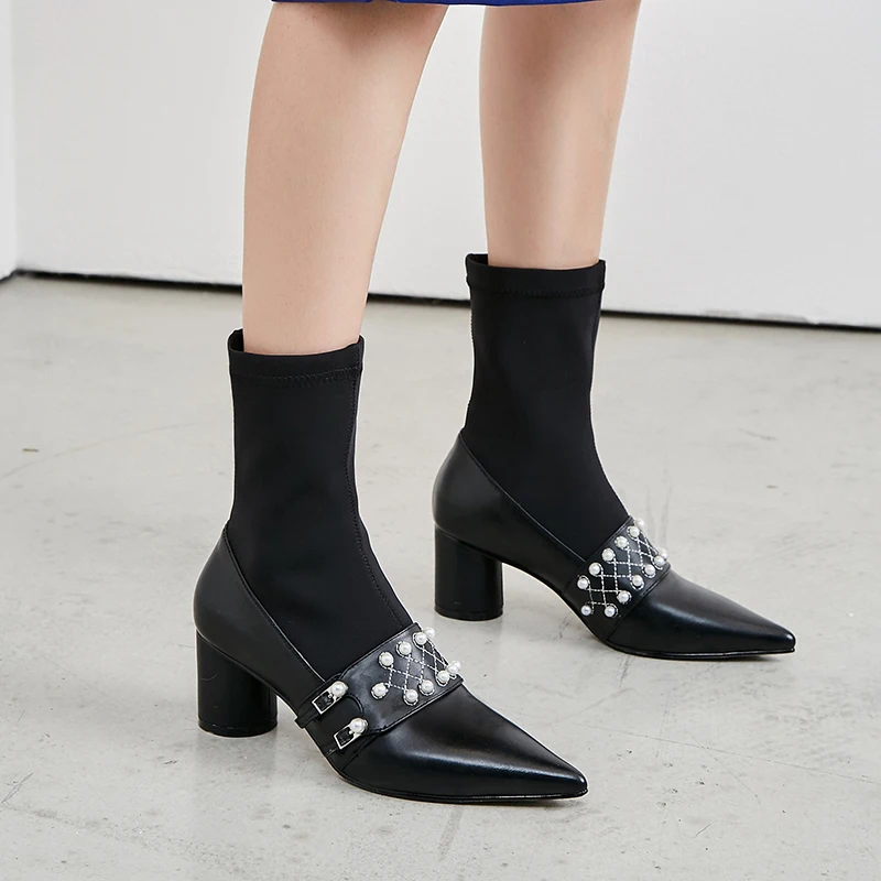 Zapatos Tobillo Vaca Primavera Grande Puntiaguda Talla 43 Boda Punta Alto Otoño Mujer Botas Cuero Fiesta Tacón Para Negro De H645tvqw