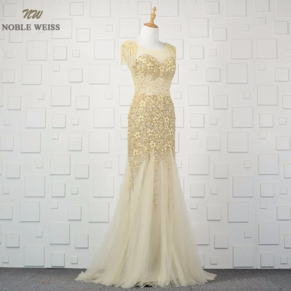 

NOBLE WEISS Sexy Evening Dresses O-Neck Beading Customize Luxury See Through Back Mermaid Prom Party Dress With Sweep Train