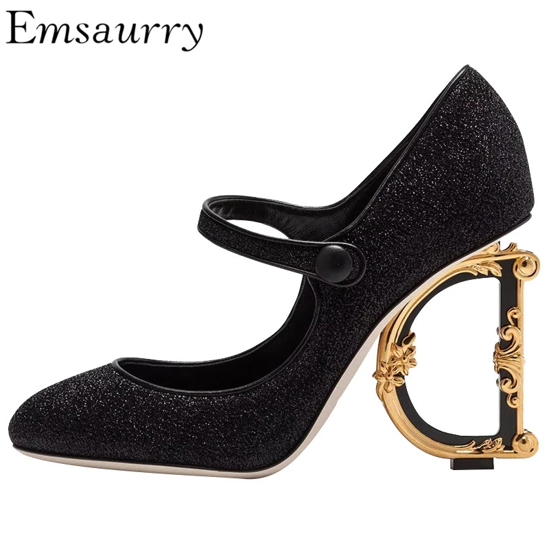 

New Design Asymmetrical Letter Heel Women Pumps Bling Glitter Studded Buckle Round Toe Metal High Heel Wedding Shoes Woman