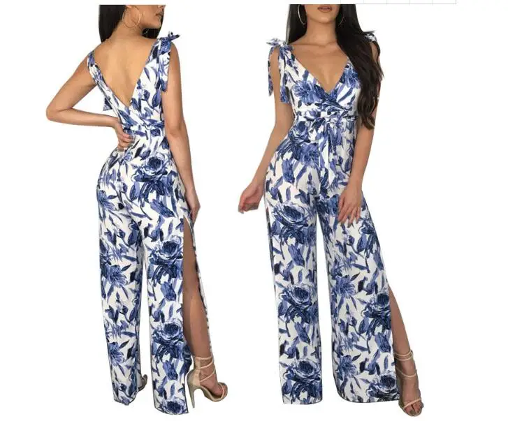 

New Summer Jumpsuit Women Floral Deep V-Neck Female Playsuit Sexy Ladies Sleeveless Clothes Bodycon Print Jumpsuit Rompe