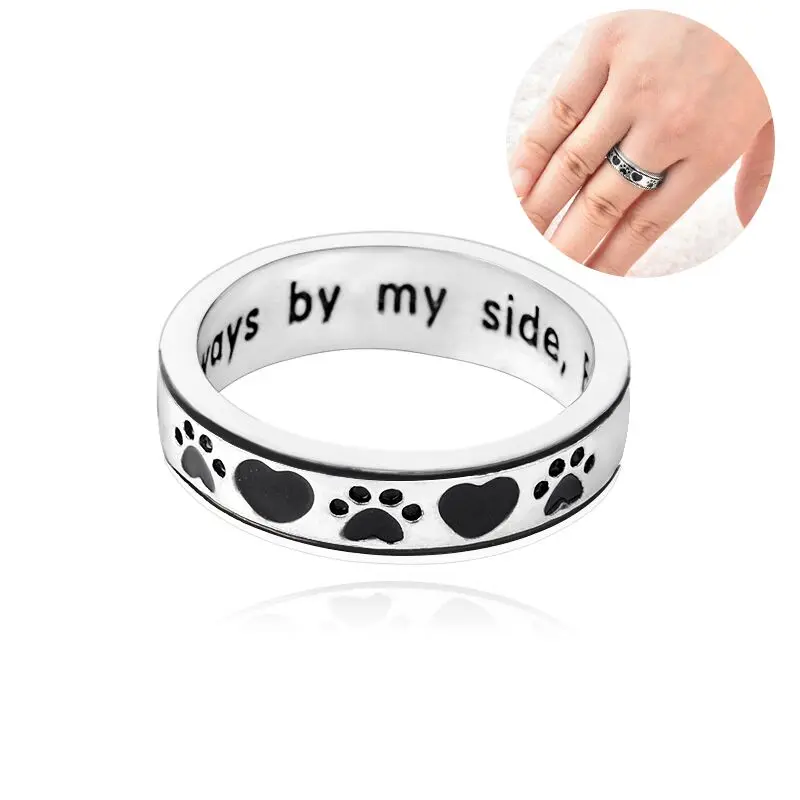 Personalised Engraved Always by my side,Forever in my heart Dog Pawprint Wrap Around Ring Pet Memorial Dog Lover Gift