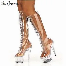 Sorbern/пикантные женские сапоги из прозрачного ПВХ на высоком каблуке со шнуровкой спереди, женские сапоги на шпильках, обувь на платформе, женская обувь, размер 44