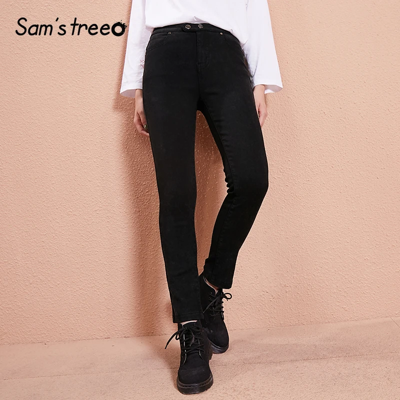 

Samstree Winter Warm Women Pencil Pants Black Slim Female Thicken Trousers Skinny Young Lady Button