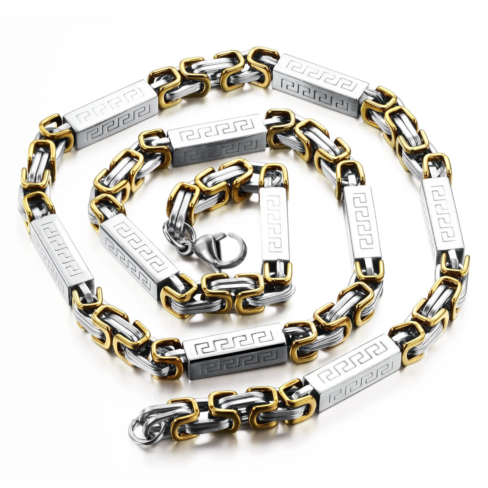 Mens Chain Boy Necklace Golden Flat Byzantine Greek Pattern Link