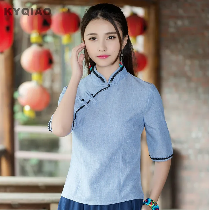 KYQIAO 2018 Women girls spring vintage elegant mandarin collar frog solid blouse shirt F Tops