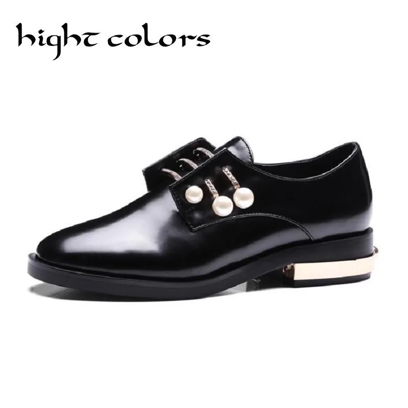 

Hight Colors 2019 Women Oxfords Summer Ladies Shoes Low Heel PU Leather Lace Up Rhinestone Black Woman Wedding Shoes Size 34-43