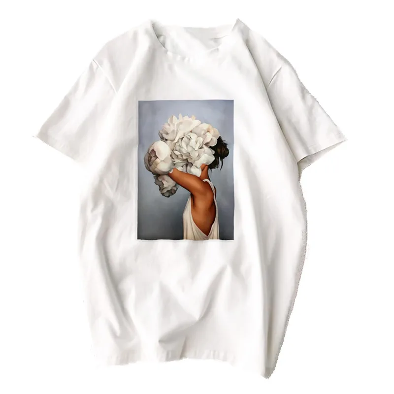 

Tshirt Woman Harajuku Aesthetics Feather Flowers Portrait Printed Short-Sleeve Casual T-shirt White Color MD2