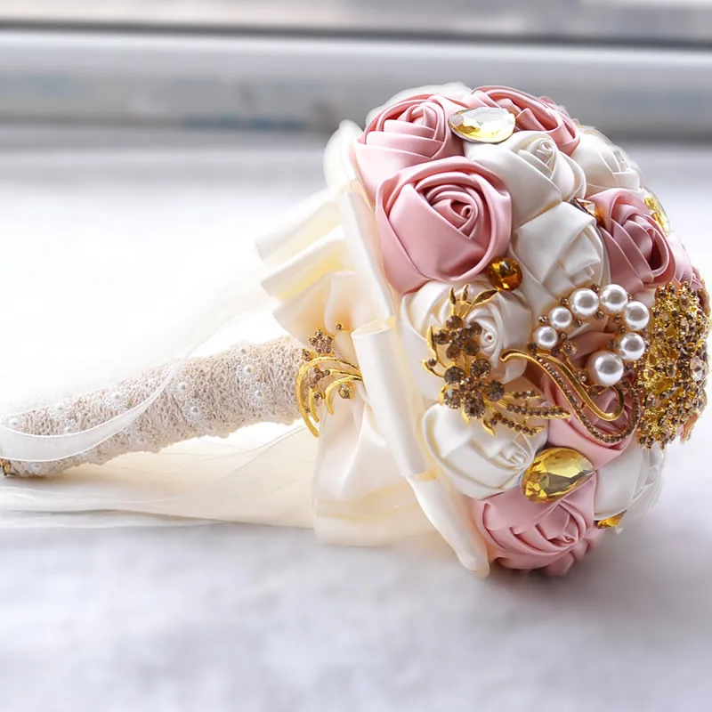 Kyunovia Великолепные золотые броши Свадебный букет Шелковый букет невесты из роз Стразы Красочный Букет невесты с жемчугом FE10