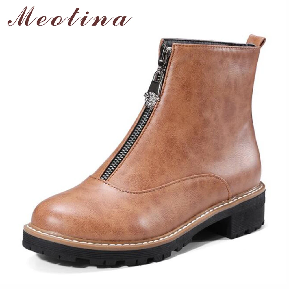 

Meotina 2018 Women Ankle Boots For Women Winter Low Heels Boots Thick Heel Martin Boots Shoes Black PU Leather Black Size 33-43