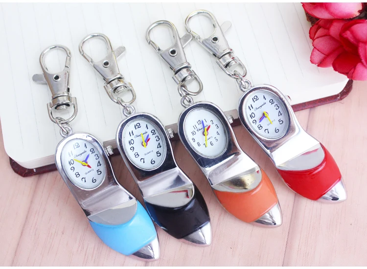 

cute blue Cinderella crystal shoe pocket watch keychain girl ladies good quality lady kid silver mirror fob watches