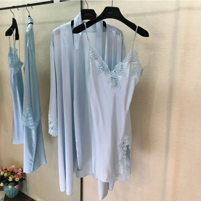 

100% silk fashion temperament women's lace stitching pajamas nightgown nightdress suit sexy comfortable high quality