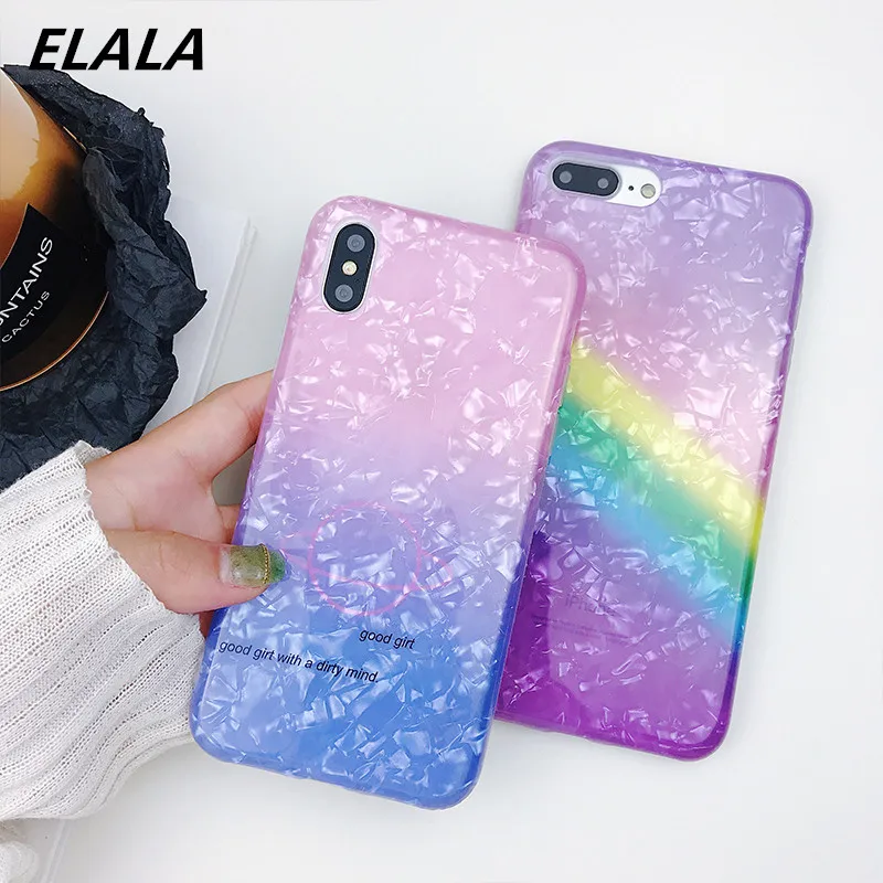 

Elala Marble Case For iPhone 6s Lovely Epoxy Silicon Symphony Rainbow Soft TPU Glitter Conch Cover For iPhone X XS 7 8 Plus Case