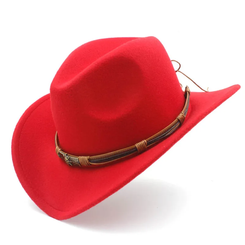 Mistdawn Женская Мужская шерстяная ковбойская шляпа в западном стиле джентльменская Женская Ковбойская джазовая Кепка сомбреро модный ремень размер 56-58 см - Цвет: Красный